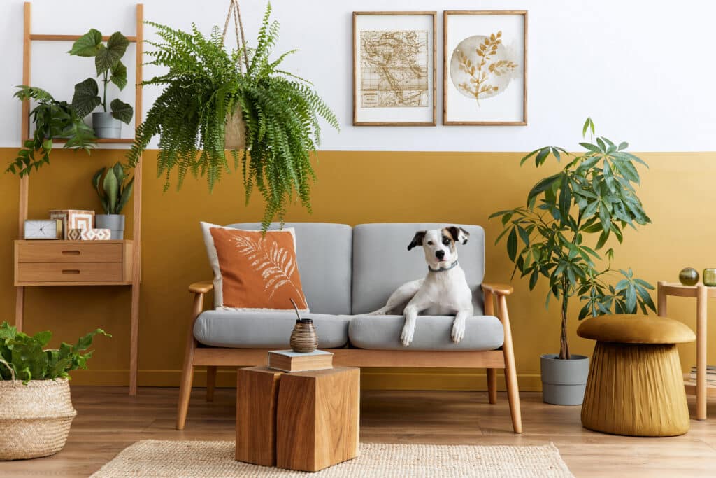 Living Room With A Dog And Plants